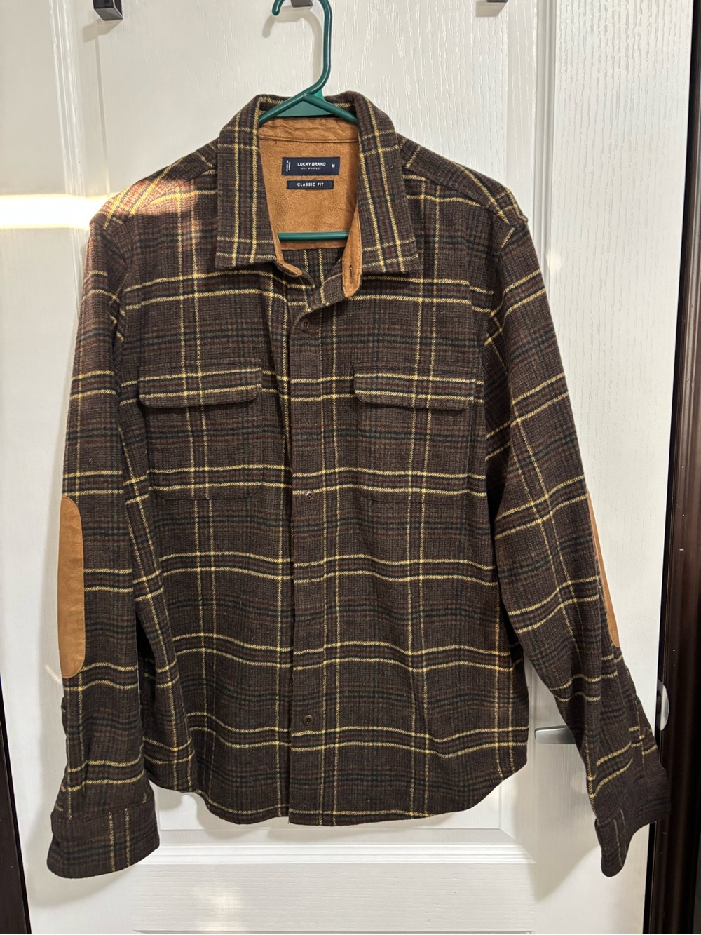 Lucky Brand Brown Plaid Shirt Jacket with Tan Suede Accents